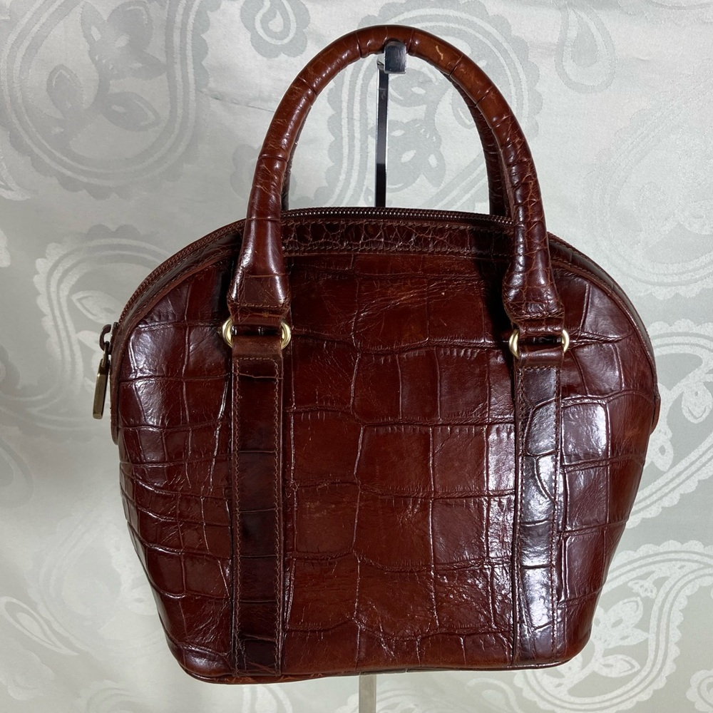 4130: Furla Croc Embossed Leather Dome Satchel Bag Brown Made in Italy